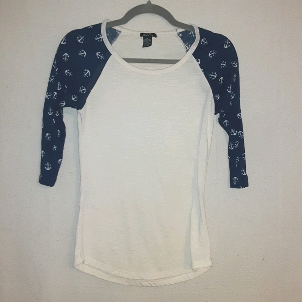 Rue21 White T Shirt, Navy Blue Anchor Sleeves; XS